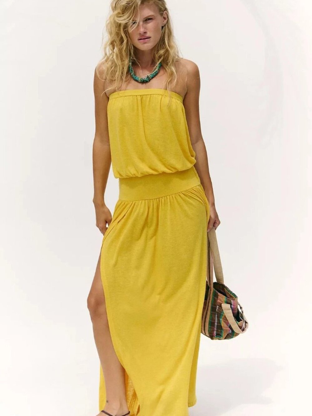Free People Free-est Libby Tube Maxi Dress Smocked Yellow Strapless XS 290429